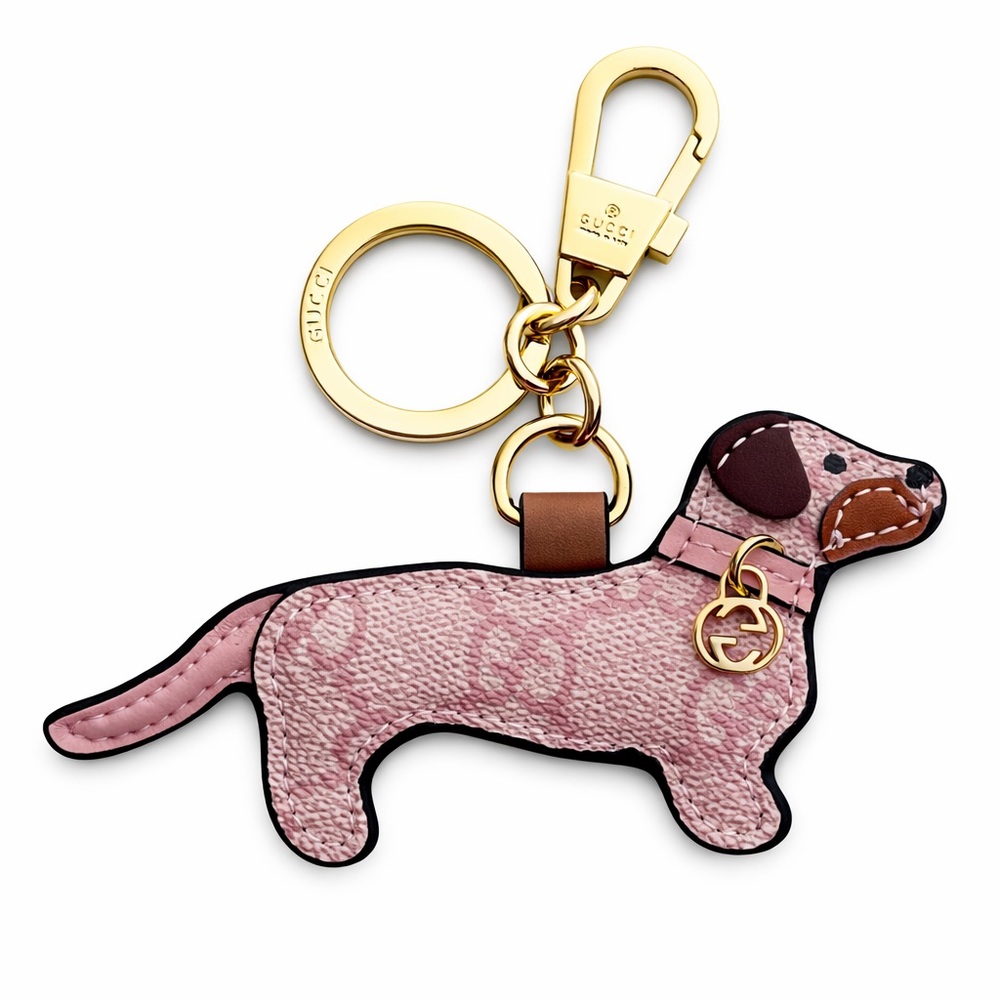 Gucci Dachshund Leather Bag Charm Dog Keychain Gold Hardware NEW